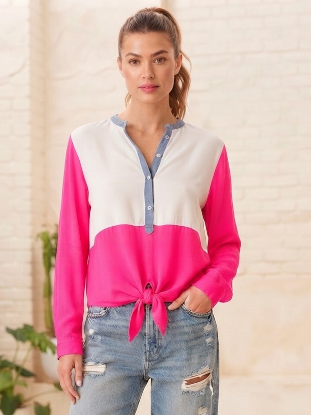 Tristan Viscose Tie-Front Tunic Blouse in Ivory & Pink w Chambray Contrast